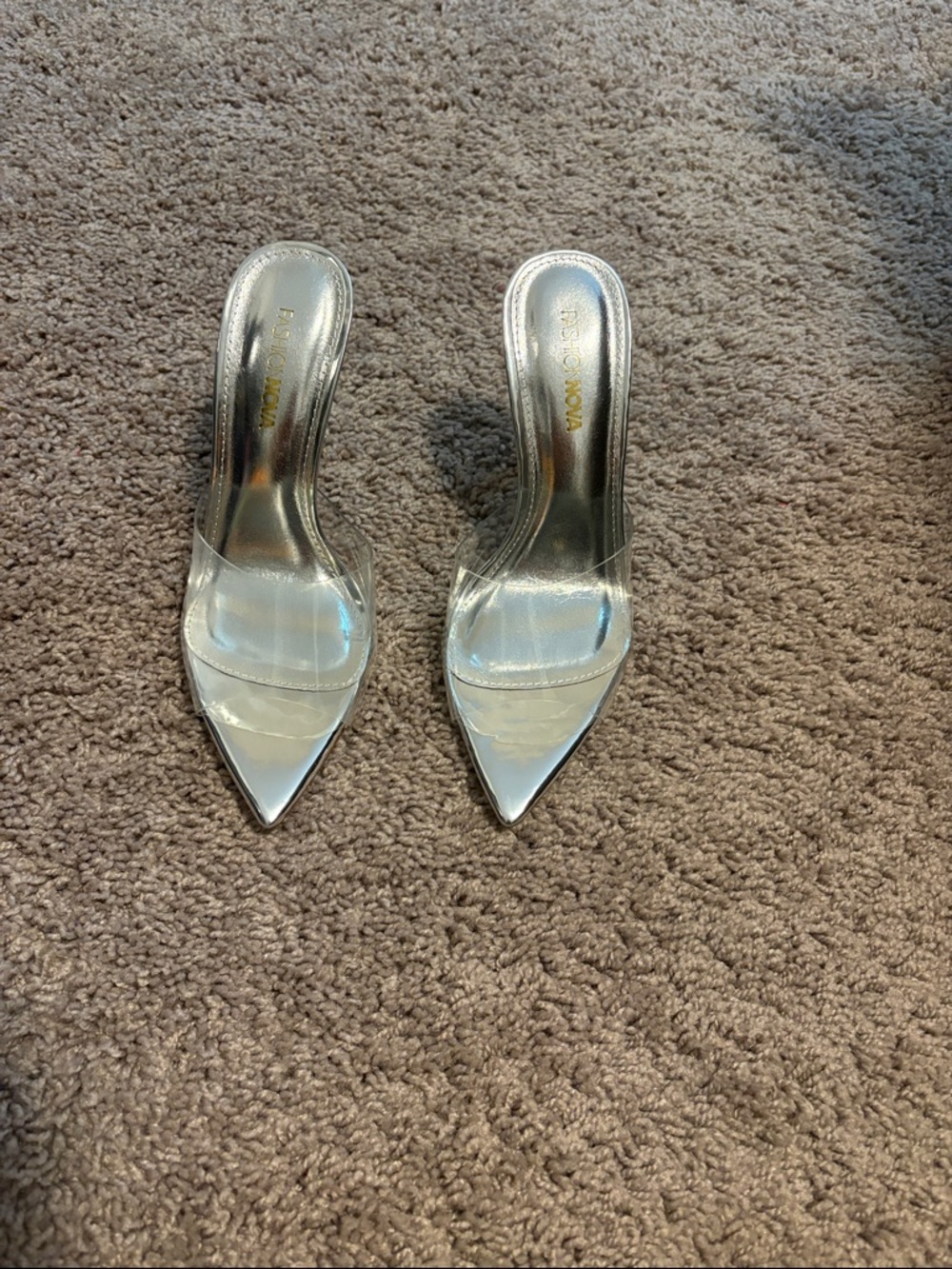 Fashion Nova Silver and Clear Pointed Stiletto Mule